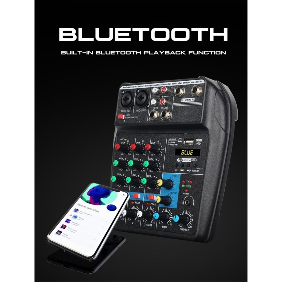 Studio Audio Interface With 48V Phantom - Mixer USB 4 Saluran dengan Efek