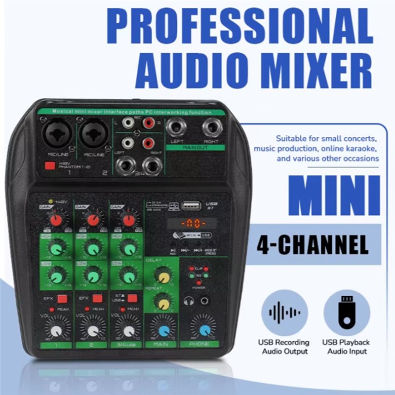 ABUO – Mixer Audio Profesional - Audio Mixer 4 Channel Usb Bluetooth Pc ulasan dan harga
